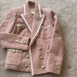 L'AGENCE Blush Pink Tweed Double-Breasted Blazer with Gold Buttons